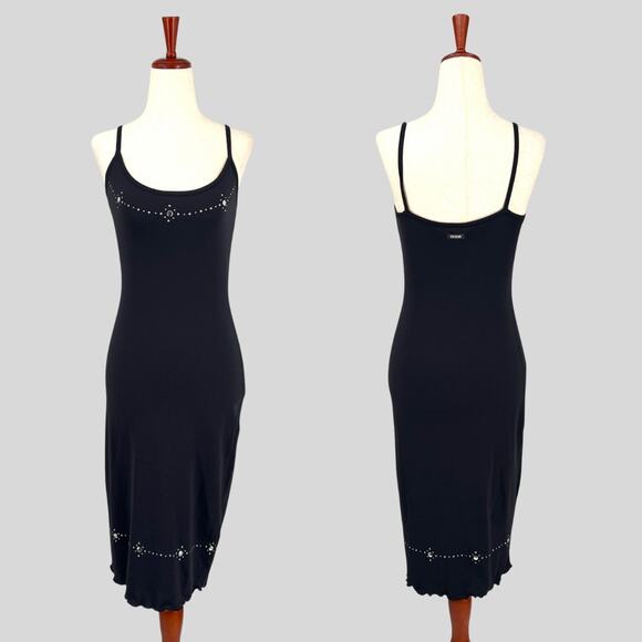 90s Vintage Guess Jeans Black Studded Midi Slip Dress Small - Picture 1 of 8